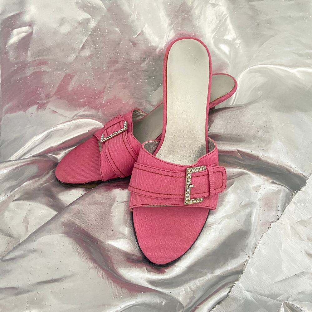 y2k pink kitten heels McBling Barbie denim rhinestone buckle, women's size 9